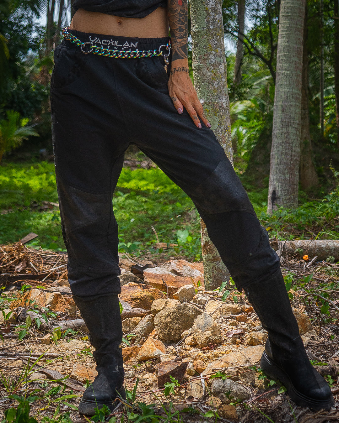 Pants Men Tracksuit / Cotton Fleece Fake Leather Patches - BLAK LEOPARD Yacxilan